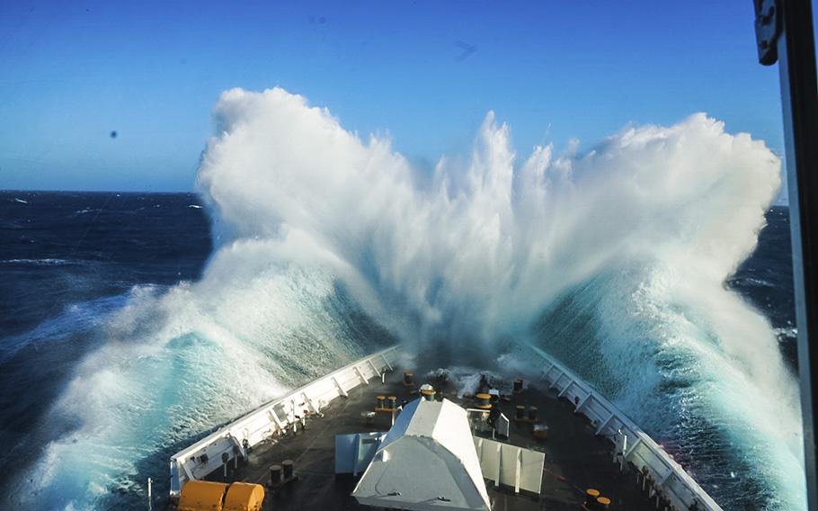 The Coast Guard Cutter Stratton is seen passing through heavy seas off the Pacific Northwest as it was heading on its way to the Arctic, as seen in a Dec. 29,  2022 post.