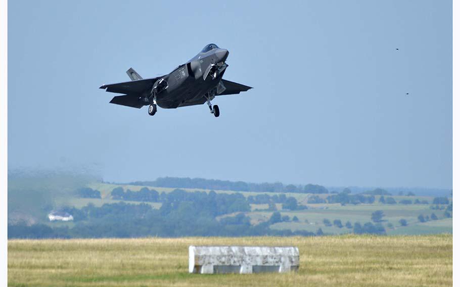 An F-35 Lightning II from the 158th Fighter Wing of the Vermont Air National Guard takes off from Spangdahlem Air Base, Germany, on June 14, 2023, during the German-led allied exercise Air Defender 23.