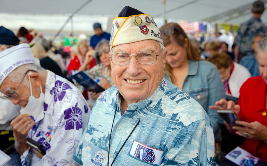 Pearl Harbor attack survivor Herbert Elfring poses during the annual ceremony at the Pearl Harbor National Memorial in Hawaii, Dec. 7, 2022.
