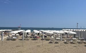 Rows of white umbrellas occupy a beach.