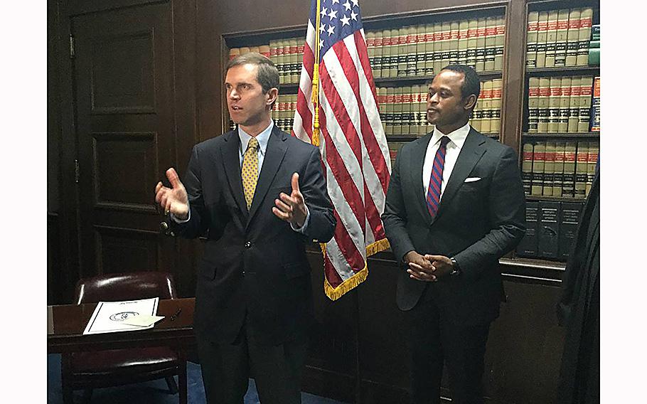 Kentucky Gov. Andy Beshear and Attorney General Daniel Cameron. 