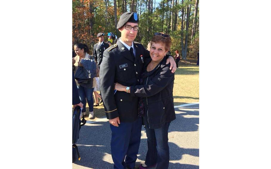 Spc. Joey Lenz with his mother Margie Taylor when he graduated from Army basic training in 2017. Lenz died Feb. 1 while assigned to Fort Hood, Texas, from the interaction of drugs prescribed to him. Taylor filed a $32 million wrongful death claim against the Army.