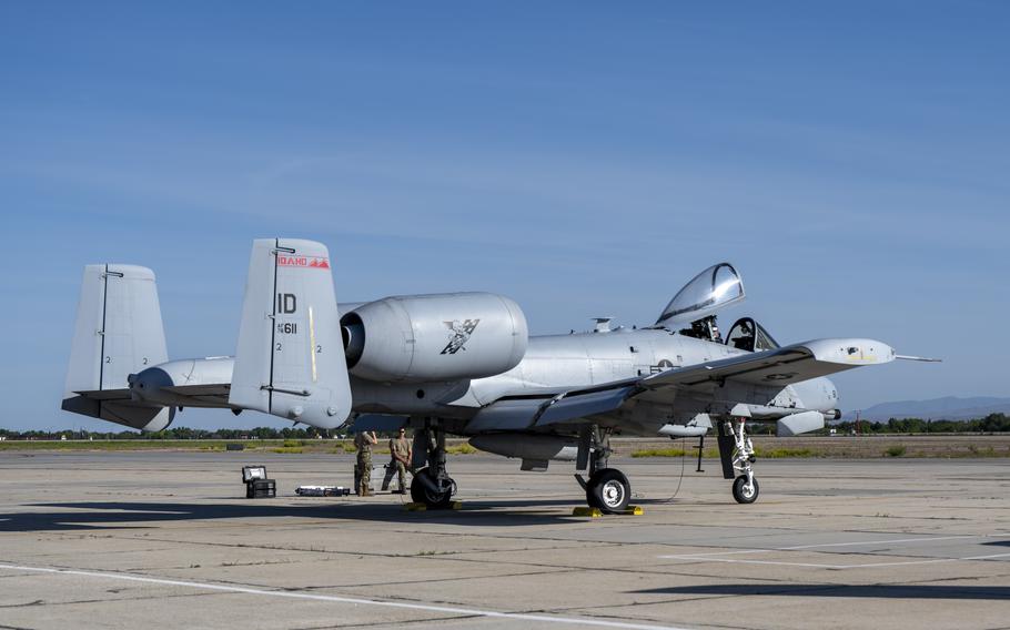 An A-10 Thunderbolt II is shown on the flight line