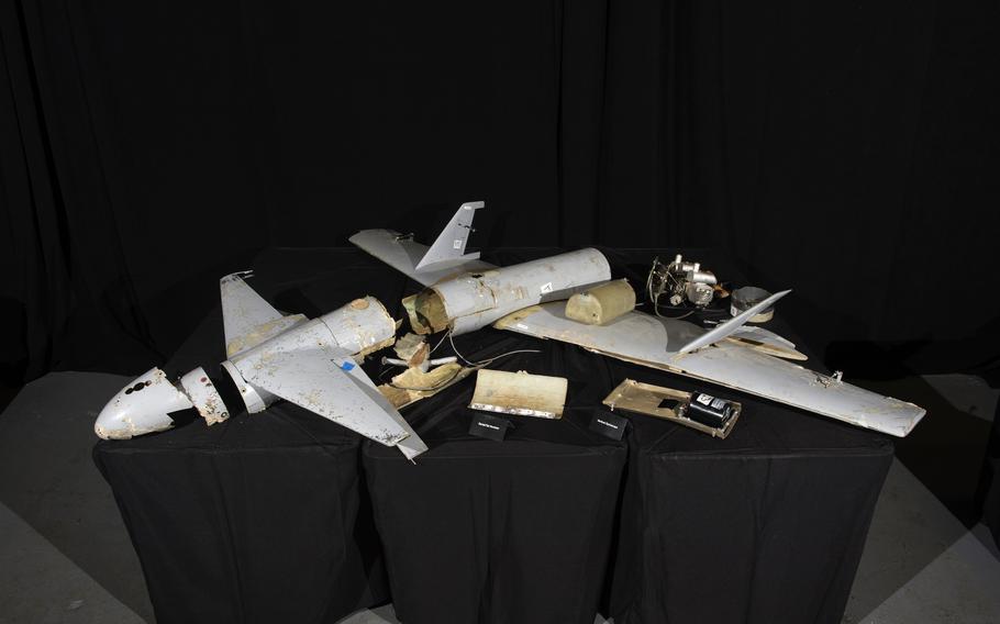 A display shows components of an Iranian Qasef-1 drone at Joint Base Anacostia-Boling in Washington in 2018. A Qasef-1 was what mostly likely struck the U.S. base known as Rumalyn Landing Zone in northeastern Syria on March 23, 2023, weapons experts and a U.S. official said.