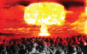 Illustration of a nuclear mushroom cloud with troops marching toward it.