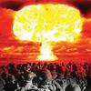 Illustration of a nuclear mushroom cloud with troops marching toward it.