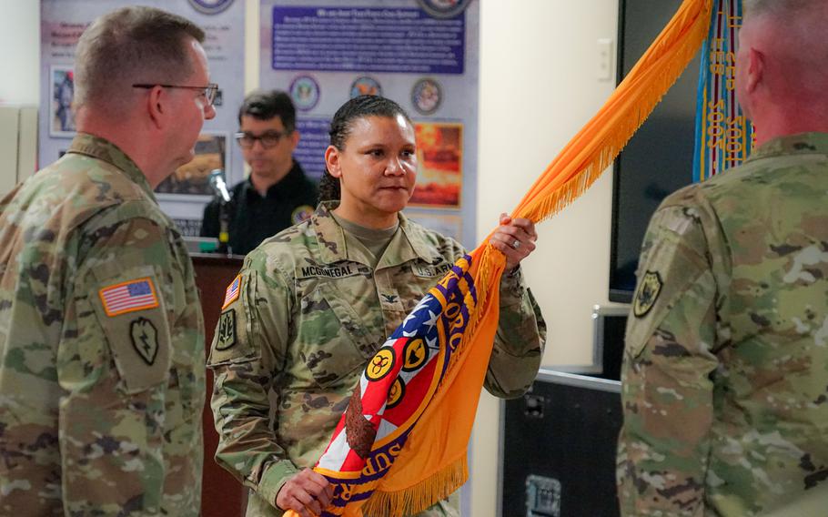 U.S. Army Colonel Tanya McGonegal receives the command flag during the change of command of Joint Task Force-Civil Support, Feb. 9, 2024.
