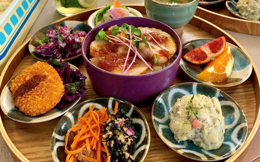 The garden plate with Yawaratan pork from Everyones Cafe inside Ueno Park in Tokyo. It's served alongside a rainbow of healthy side dishes.