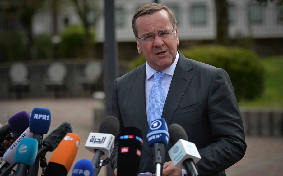 German Defense Minister Boris Pistorius briefs the media during the Ukraine Defense Contact Group meeting April 21, 2023, at Ramstein Air Base in Germany. Pistorius said in June that his government is committed to meeting the NATO threshold of spending 2% of gross domestic product on defense.