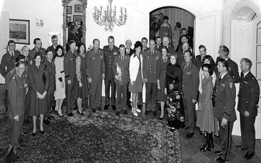 Soviets, American USMLM officers, as well as members of the French and British missions, pose together for a group photo at the USMLM's Potsdam headquarters during a 1976 party. Retired U.S. Air Force Col. James Tonge is at the far right.