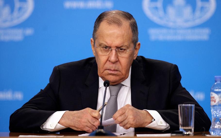 Russian Foreign Minister Sergei Lavrov looks on during a briefing in Moscow on Jan. 14, 2022. 