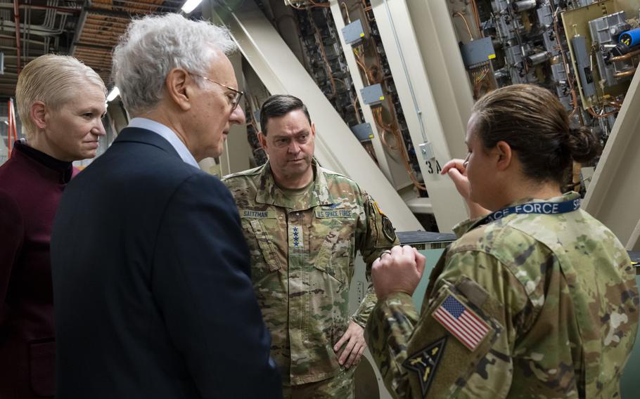 U.S. Space Force commander Gen. Chance Saltzman, U.S. Ambassador to Denmark Alan Leventhal and Assistant Defense Secretary Celeste Wallander participate in a tour given by Lt. Col. April Foley, 12th Space Warning Squadron commander, during their visit to Pituffik Space Base, Greenland, April 6, 2023. 