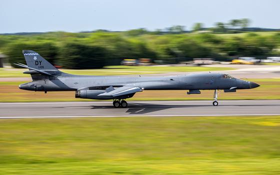 A B-1B Lancer from the 9th Expeditionary Bomb Squadron arrives at RAF Fairford in England on May 23, 2023. A Russian jet intercepted two Lancers over the Baltic Sea on May 23, an incident the Pentagon said was a safe and professional interaction.