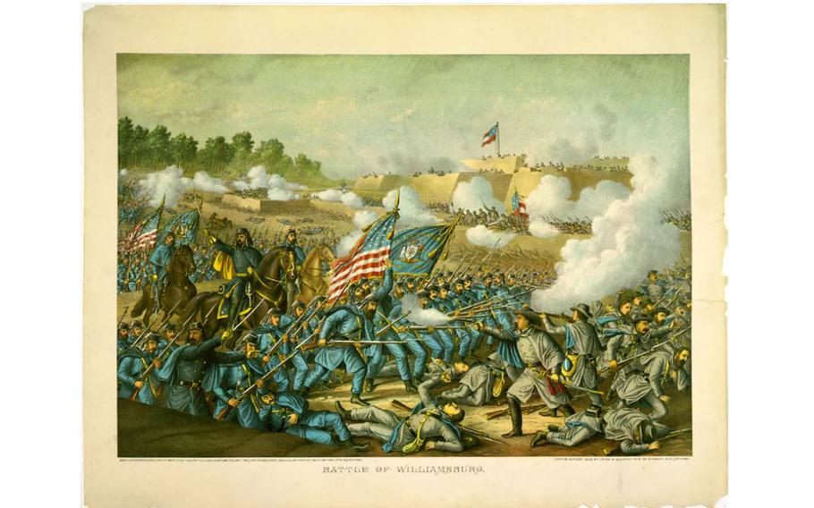 Battle of Williamsburg: Union Gen. Winfield Scott Hancock’s charge, May 5, 1862, in a circa 1893 lithograph. 