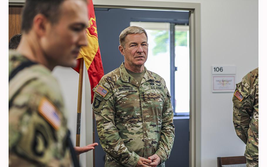 U.S. Army Chief of Staff Gen. James McConville attends a briefing during a visit with the 25th Infantry Division Artillery’s Command team at Schofield Barracks, Hawaii, on Tuesday, May 16, 2023. While in Hawaii, McConville met with his British and Australian counterparts on Monday, May 15, to pursue closer ties amid boiling geopolitical tensions.