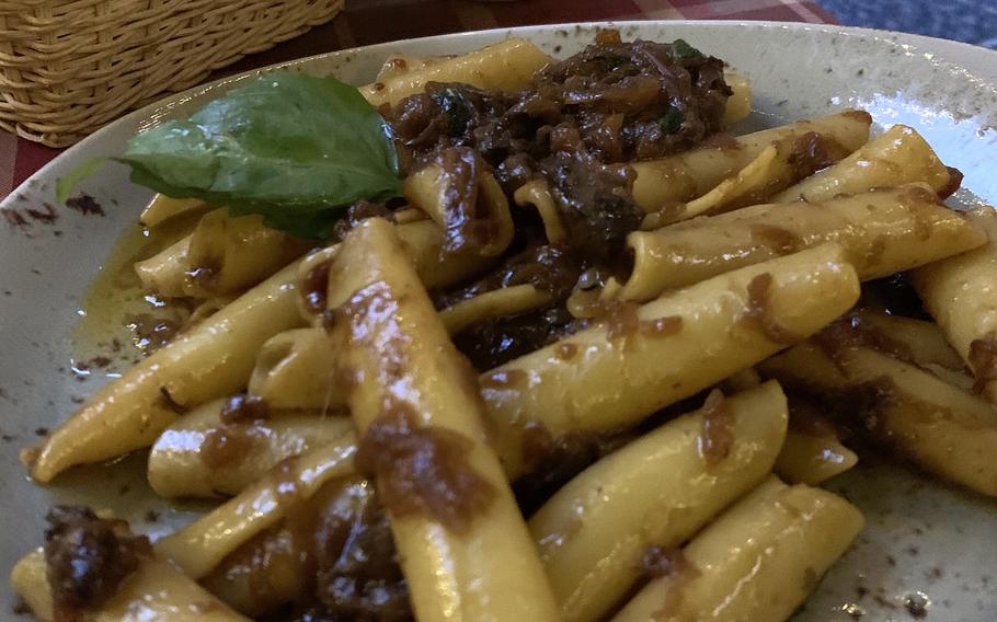 Genoese with broken ziti has a rich onion sauce and a tender chunk of beef at Buatta in Naples, Italy.