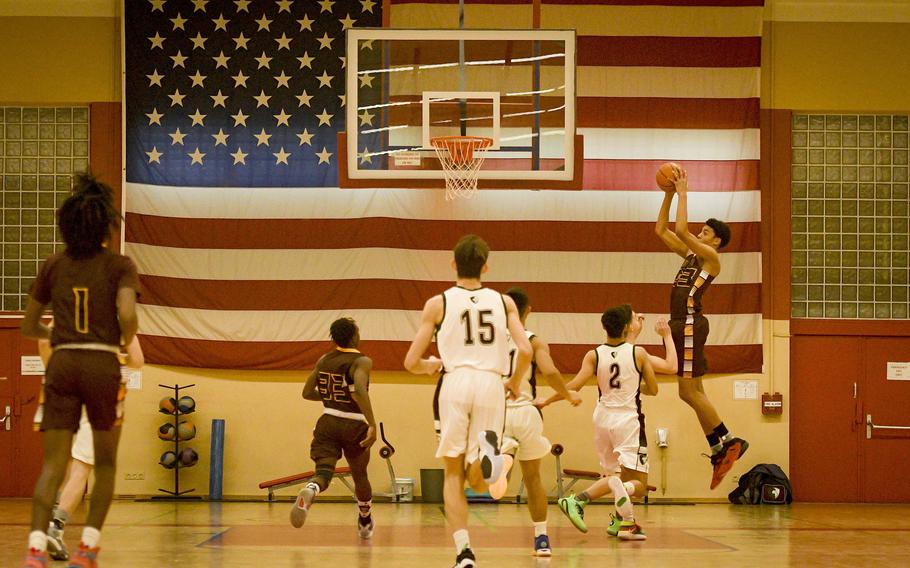 Baumholder’s Damian Jung elevates for a point-blank shot during a DODEA-Europe Division III basketball semifinal game Feb. 17, 2023, in Baumholder, Germany.