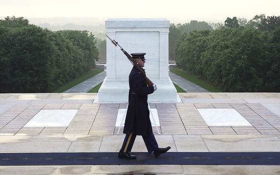 Army Sgt. 1st Class Andrew Jay patrols the Tomb of the Unknown Soldier, Thursday, May 15, 2025, at Arlington National Cemetery in Arlington, Va. (AP Photo/Mike Pesoli)