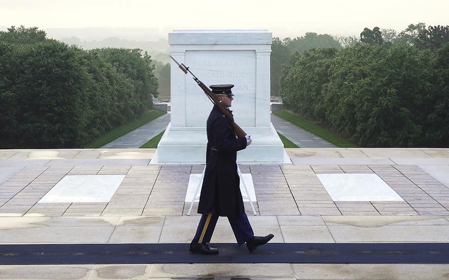 A soldier patrols the Tomb of the Unknown Soldier