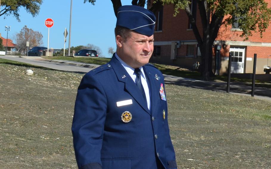 Air Force Maj. Gen. Phillip Stewart leaves a courthouse at Joint Base San Antonio-Fort Sam Houston, Texas, in January 2024. 