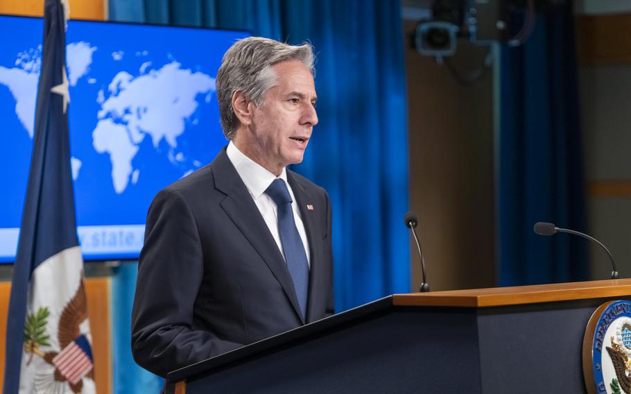 Secretary of State Antony Blinken speaks to the media in Washington on Aug. 15, 2023. In a letter to the Netherlands and Denmark, Blinken approved the delivery of F-16 fighter jets to Ukraine as soon as pilot training is complete.