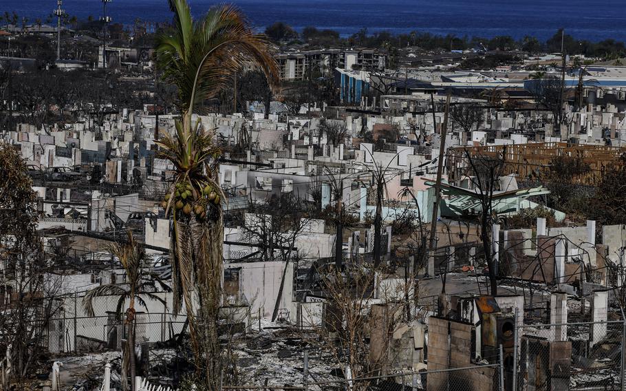 Homes and businesses in Lahaina on the Hawaiian island of Maui lie in ruins after the devastating wildfire. 