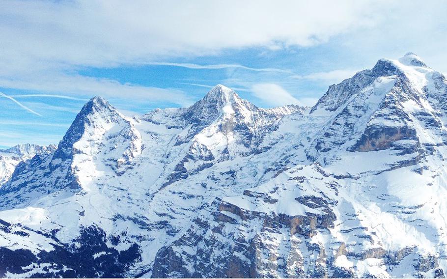 The Eiger, Jungfrau, and Mönch Mountains (left to right), with the Sphnix Observatory and Jungraujoch visible inbetween the latter two 