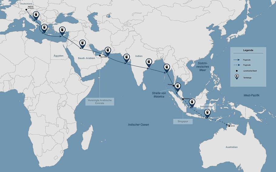 A map shows the travel path and refueling stops of six German Eurofighters deploying to Singapore for exercise Rapid Pacific 2022, which is the first time the German air force sent its jets to the Indo-Pacific.