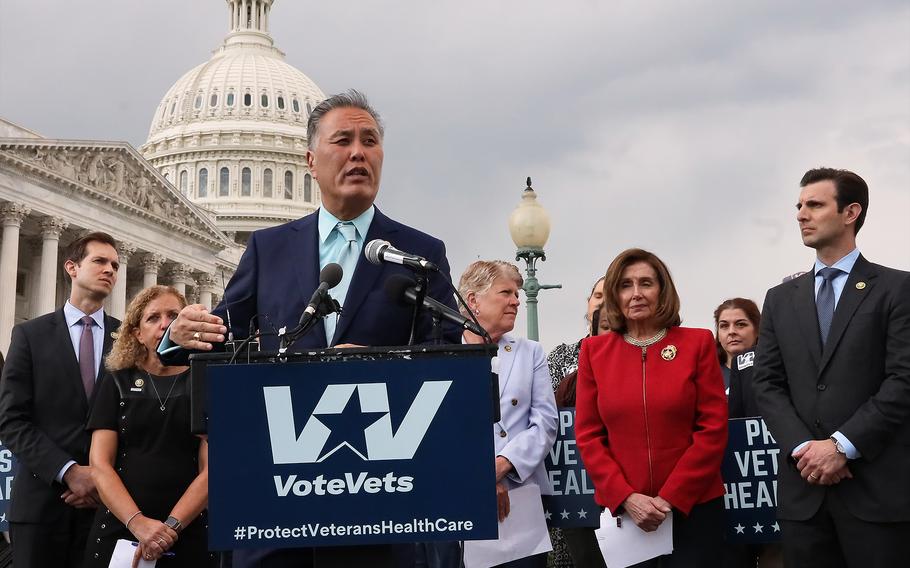 Rep. Mark Takano of California, the top Democrat on the House Veterans’ Affairs Committee, leads a news conference on veterans health care on Wednesday, April 26, 2023, at the Capitol in Washington, D.C. Rep. Nancy Pelosi, D-Calif, also spoke.