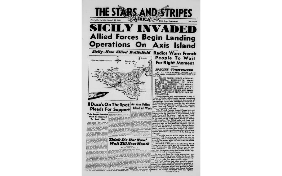 The front page of the Mediterranean, Algiers edition of Stars and Stripes from July 10, 1943, announcing the start of the invasion of Europe by the Allied forces that day. Several days later, on July 12, the paper would print an account by its combat correspondent Jack Foisie describing the final preparations of the paratroopers taking part in the invasion.
