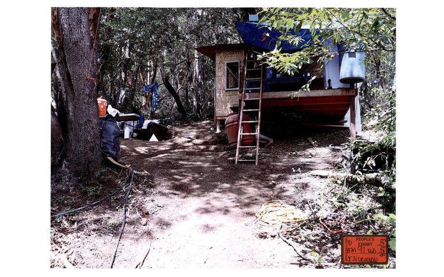 The plywood shack where workers bunked on Chris Gamble’s cannabis farm in Mendocino County, California.