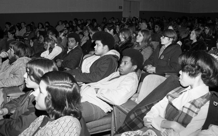 Students and teachers wait for author James Baldwin to take the stage at the Ludwigsburg High School, Feb. 16, 1973. The novelist, essayist and playwright, in town for the Black Literature and Culture Week, stopped by the high school to talk to the students and answer their questions. “I prefer speaking to kids. I find adults generally ask a question to get themselves off some hook,” he would later say at an event at Stuttgart’s Liederhalle. 