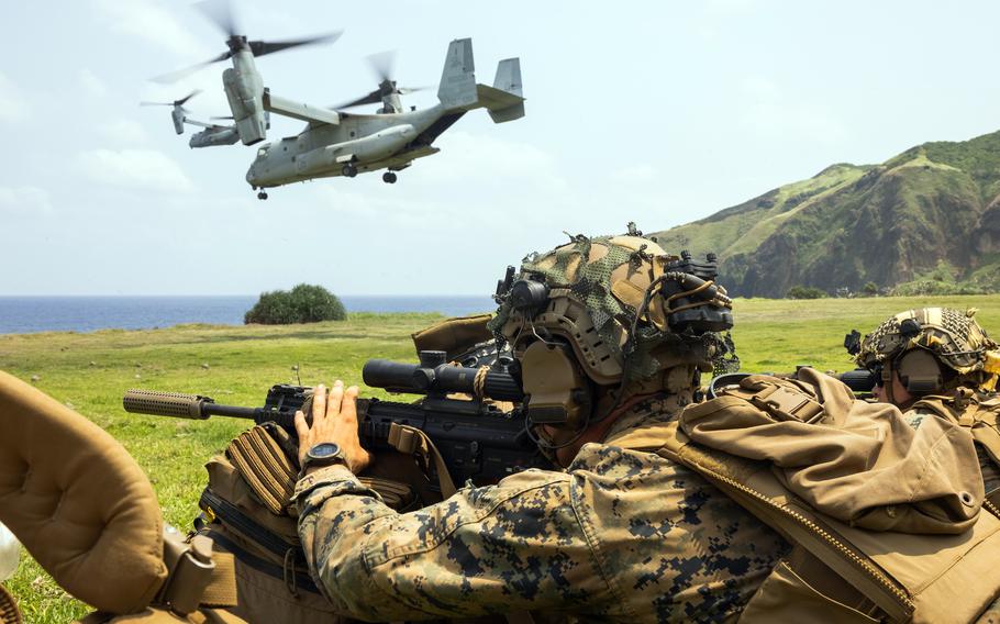 Members of the Hawaii-based 3rd Marine Littoral Regiment secure a landing zone during Balikatan training on Batan Isand in the Philippines, April 23, 2023.