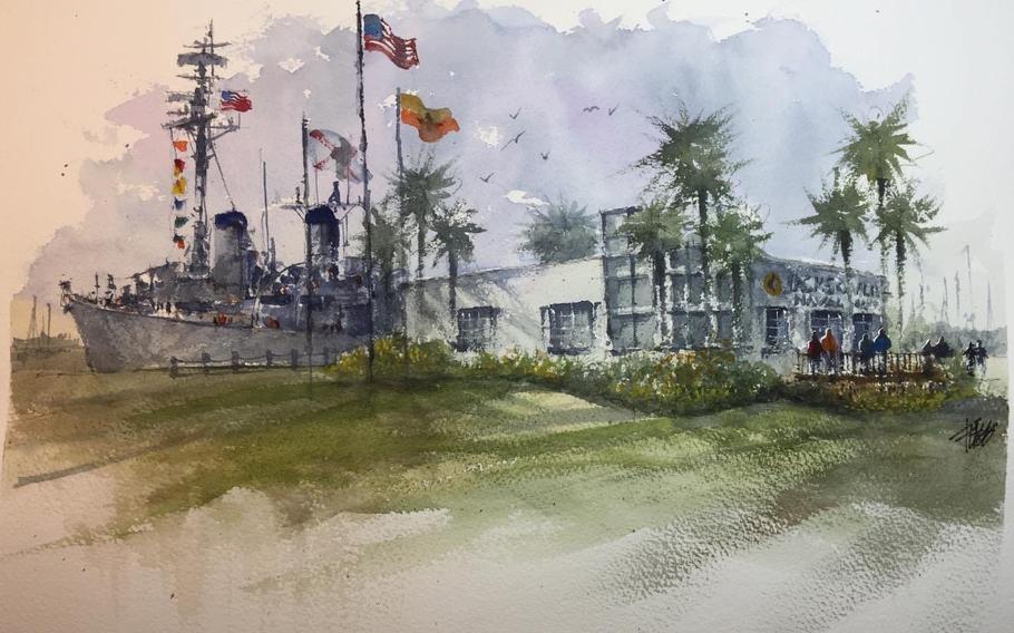 An artist's rendering shows plans for the USS Orleck docked in downtown Jacksonville with a ticket office and gift shop.