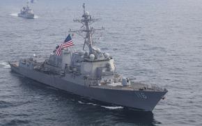 The destroyer USS Thomas Hudner maneuvers alongside ships from allied nations during exercise Formidable Shield, May 12, 2025 in the Atlantic Ocean. The ship reportedly has been directed to begin sailing toward the eastern Mediterranean Sea because of tensions in the Middle East.