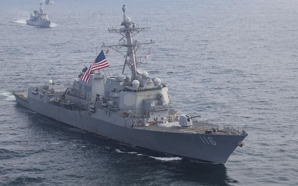 The destroyer USS Thomas Hudner maneuvers alongside ships from allied nations during exercise Formidable Shield, May 12, 2025 in the Atlantic Ocean. The ship reportedly has been directed to begin sailing toward the eastern Mediterranean Sea because of tensions in the Middle East.