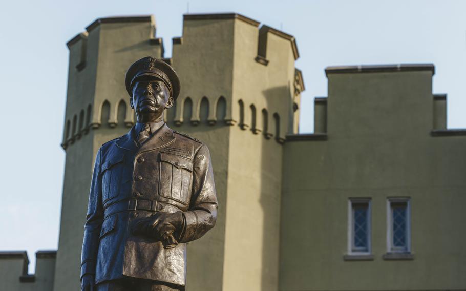 A statue of Gen. George C. Marshall, a 1901 graduate of the school, on VMI's campus. 