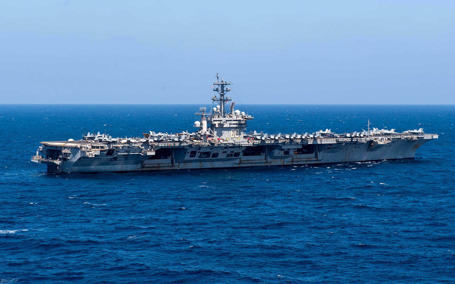 The aircraft carrier USS Dwight D. Eisenhower sails in the Gulf of Aden, Dec.18, 2023. Ike arrived in the eastern Mediterranean Sea on April 26, 2024, leaving the Middle East after five months in the region. 