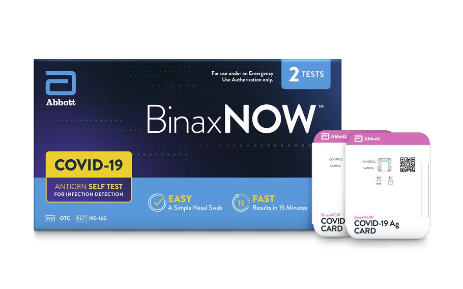 This image provided by Abbot in September 2021 shows packaging for their BinaxNOW self test for COVID-19. 
