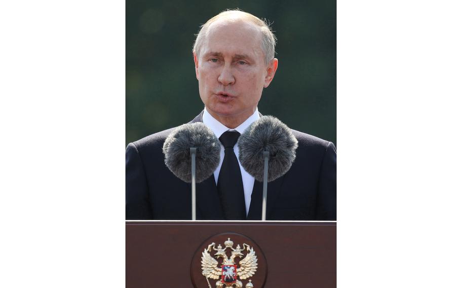 Vladimir Putin, Russia’s president, speaks during the Russian Navy day in St. Petersburg, Russia, on July 28, 2019. 