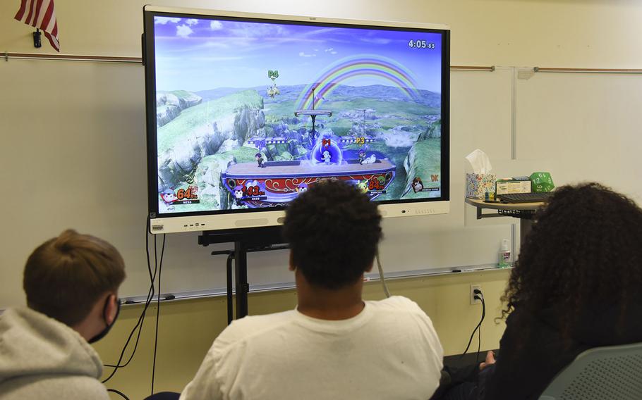 Esports club members play a game during their first meeting at Yokota High School on Yokota Air Base, Japan, Thursday, Jan. 20, 2022.