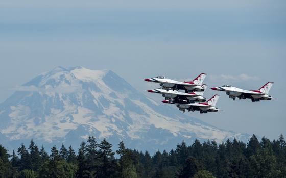 The Thunderbirds performed at the Joint Base Lewis-McChord Airshow & Warrior Expo on McChord Field on Joint Base Lewis-McChord in 2016. (Photo Credit: Tech. Sgt. Christopher Boitz, U.S. Air Force Photo)