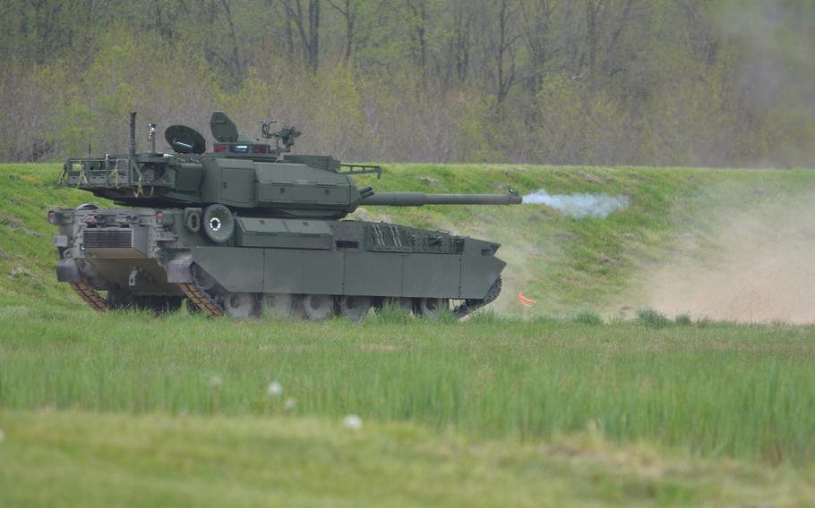 The Army’s new combat vehicle, the M10 Booker, fired three shots after a dedication ceremony Thursday, April 18, 2024, at Aberdeen Proving Ground, Md. 