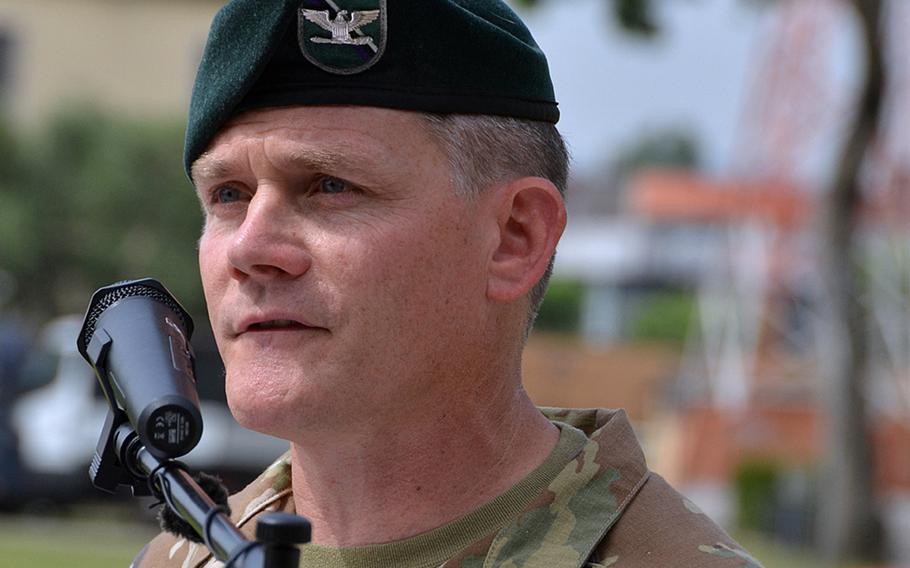 Col. Matthew Gomlak relinquished command of U.S. Army Garrison Italy to Col. Scott Horrigan June 22, 2023, at a ceremony at Caserma Ederle in Vicenza. 