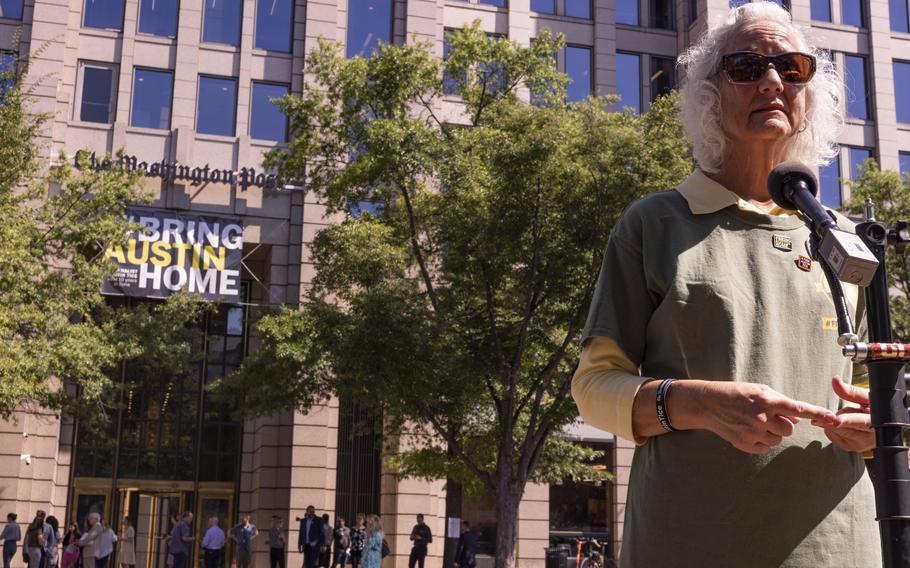 Debra Tice, the mother of Austin Tice, speaks with reporters Aug. 9, 2022, at the unveiling of a #BringAustinHome banner outside The Washington Post headquarters. A Post contributor and freelance journalist, Austin Tice was abducted while reporting in Syria in 2012.