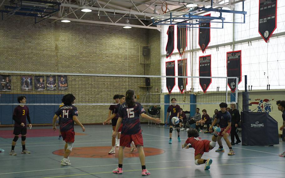 Lakenheath's Cristian Chavira dives forward and digs the ball extending the play for his team. The Lancers' boys' volleyball team is undefeated going into the final week of the 2023 season. 