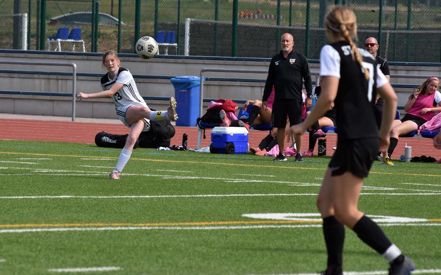 SHAPE’s Georgia Green launches the ball during the DODEA-Europe Division I girls soccer semifinals against Stuttgart on Wednesday at Ramstein Air Base, Germany. The No. 2 seed Panthers shut out the Spartans 7-0 to earn a rematch against Ramstein on Thursday in the finals.