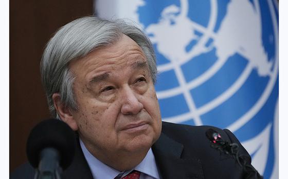 FILE - United Nations Secretary-General Antonio Guterres speaks to reporters during a news conference, in Baghdad, Iraq, March 1, 2023.  Guterres is warning on the eve of World Press Freedom Day that the media is under attack in every corner of the world where “truth is threatened by disinformation and hate speech.” (AP Photo/Hadi Mizban, File)