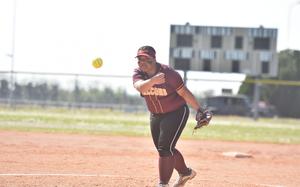 Vilseck pticher Alisia Andrew watches her pitch sail toward home Saturday, April 12, 2025, during the Falcons' 23-6 victory over the Saints at Aviano Air Base, Italy.
