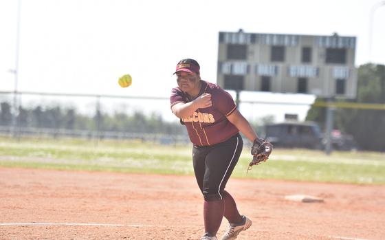 Vilseck pticher Alisia Andrew watches her pitch sail toward home Saturday, April 12, 2025, during the Falcons' 23-6 victory over the Saints at Aviano Air Base, Italy.